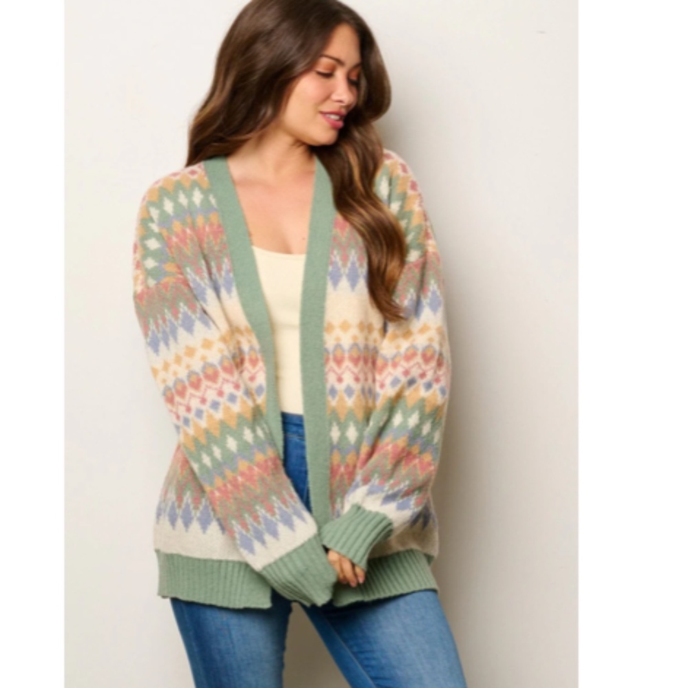 Very J The Brielle" Sage Diamond Print Open Front Cardigan